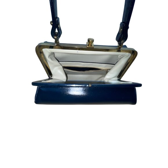 Vintage Creations By International Blue Leather Handle Handbag Gold-Tone Frame - Picture 6 of 8